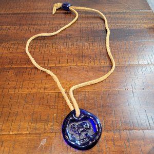 Vintage Cobalt Blue Glass Ram Medallion Necklace, Adjustable Bolo Style Bead 30"